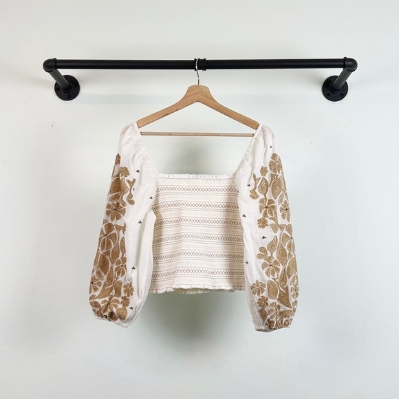 NWT Anthropologie Smocked Embroidered Puff Sleeve Square Neck Top - Picture 6 of 7